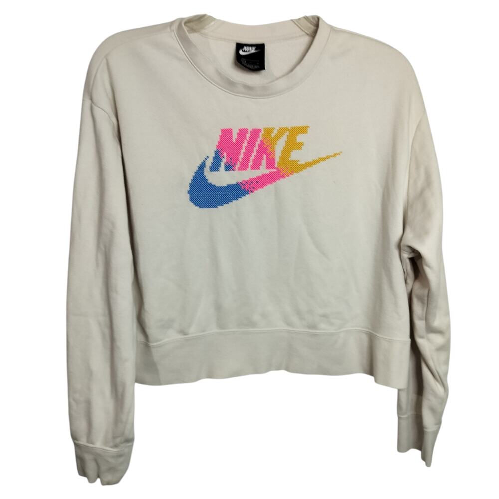 4758) Y2K Nike Cream Crossstitch Swoosh Logo Cropped Fleece Sweatshirt XL